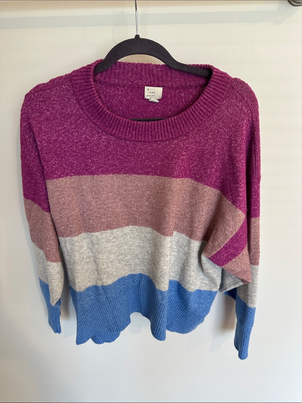 a new day Striped Crewneck Sweater in Magenta, Light Pink, Gray & Blue